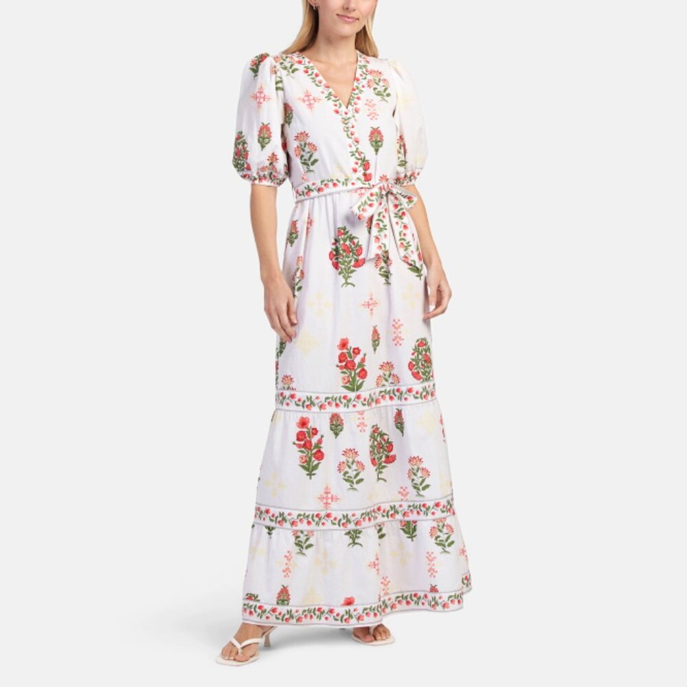 Celina Moon | 100% Cotton Short Sleeve Floral Stamp Print Maxi Dress | NWT